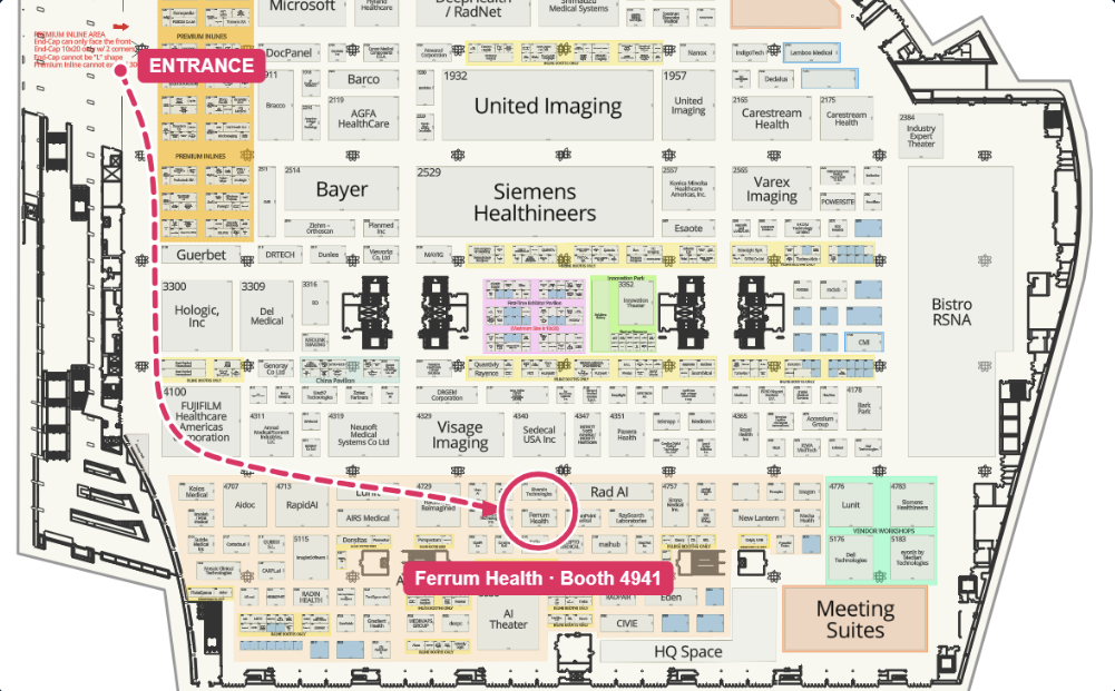 RSNA 2026 exhibit floor map showing the route from the entrance to Ferrum Health booth 4941